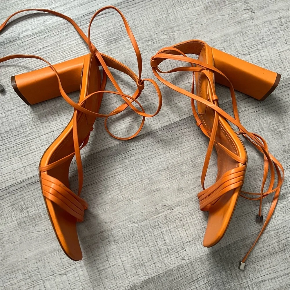 SCHUTZ Glenna Ankle Tie Sandal Bright Tangerine Orange Wrap Block Heel 8.5
